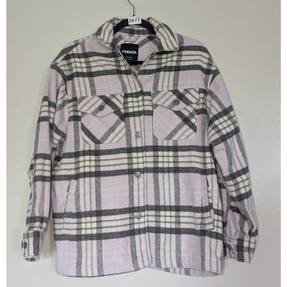 RSQ Extra Small‎ Plaid Shacket Purple Gray White Button Front Pockets